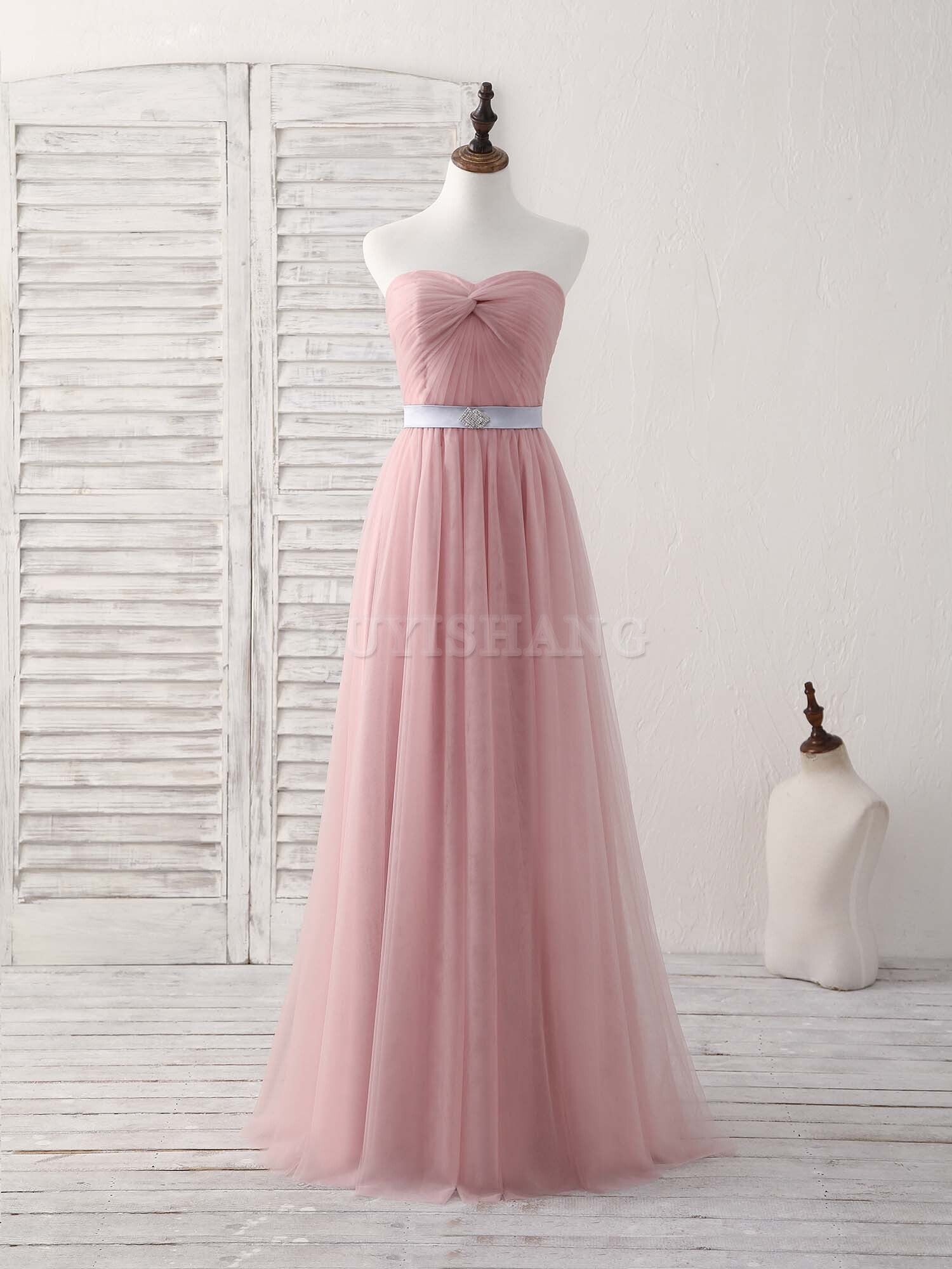 Buyishang Pink Sweetheart Neck Tulle Long Prom Dress Aline Pink Bridesmaid Dress Bridesmaid dress shop